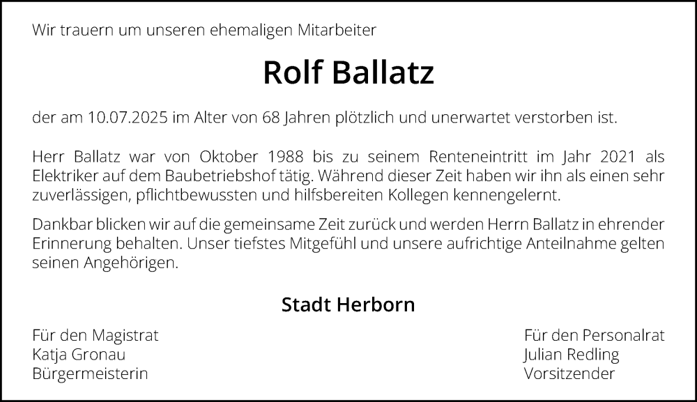  Traueranzeige für Rolf Ballatz vom 19.07.2025 aus Dill Block