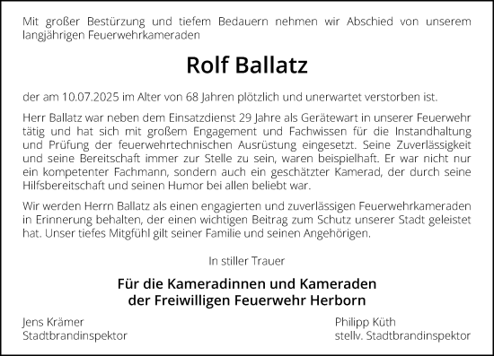Traueranzeige von Rolf Ballatz von Dill Block