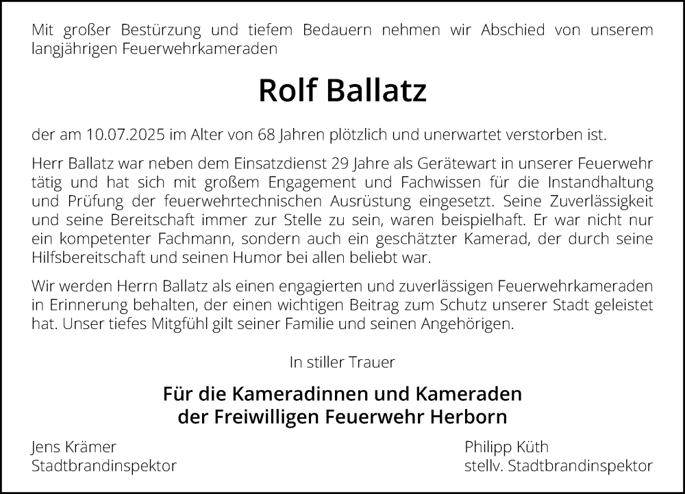  Traueranzeige für Rolf Ballatz vom 19.07.2025 aus Dill Block