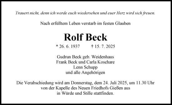 Traueranzeige von Rolf Beck von Wetzlarer Neue Zeitung