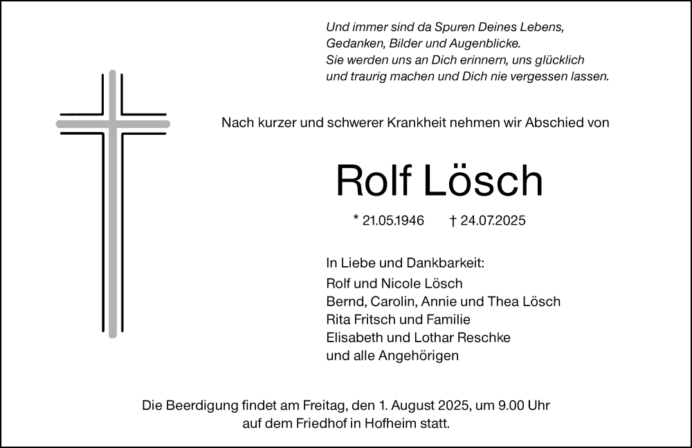  Traueranzeige für Rolf Lösch vom 30.07.2025 aus Starkenburger Echo