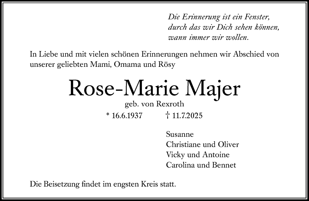  Traueranzeige für Rose-Marie Majer vom 19.07.2025 aus Wiesbadener Kurier