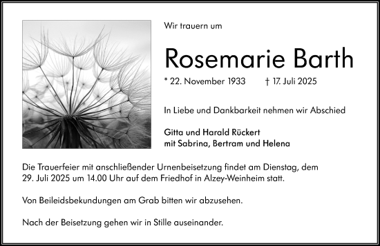 Traueranzeige von Rosemarie Barth von Allgemeine Zeitung Alzey
