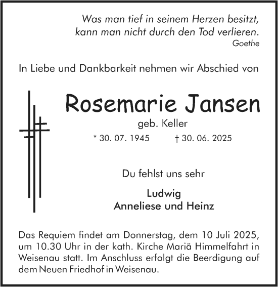 Traueranzeige von Rosemarie Jansen von Allgemeine Zeitung Mainz