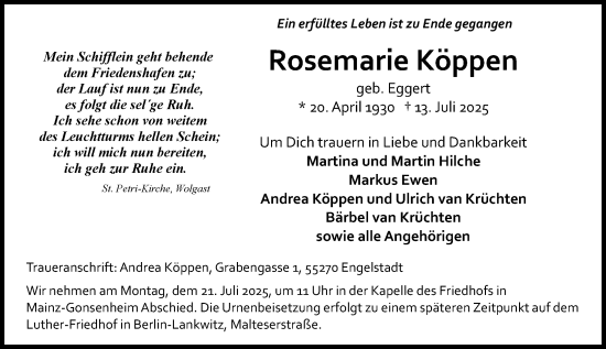 Traueranzeige von Rosemarie Köppen von Allgemeine Zeitung Mainz