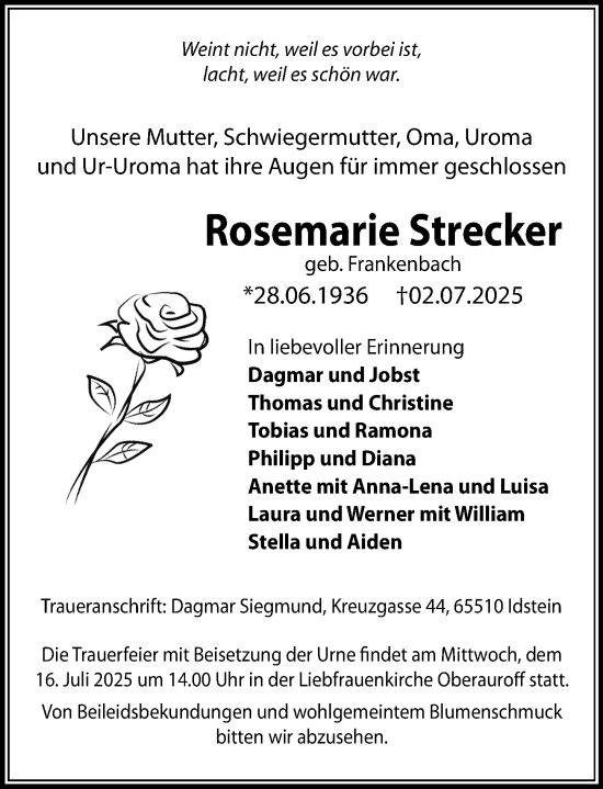Traueranzeige von Rosemarie Strecker von Idsteiner Land/Untertaunus