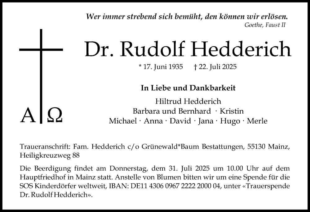  Traueranzeige für Rudolf Hedderich vom 26.07.2025 aus Allgemeine Zeitung Mainz