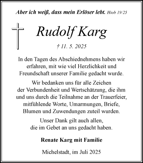 Traueranzeige von Rudolf Karg von Odenwälder Echo