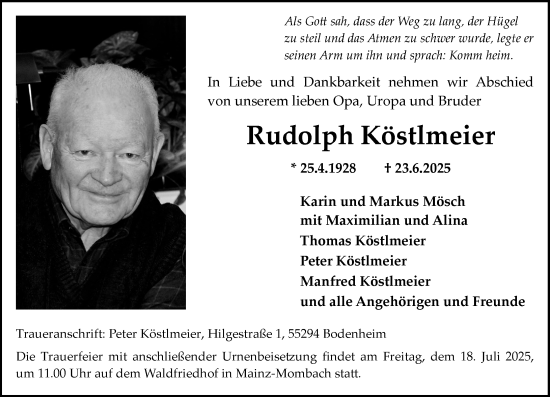 Traueranzeige von Rudolph Köstlmeier von Allgemeine Zeitung Mainz