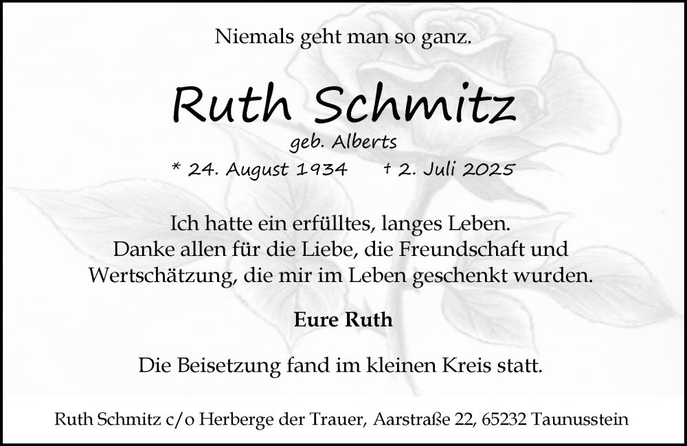  Traueranzeige für Ruth Schmitz vom 26.07.2025 aus Wiesbadener Kurier