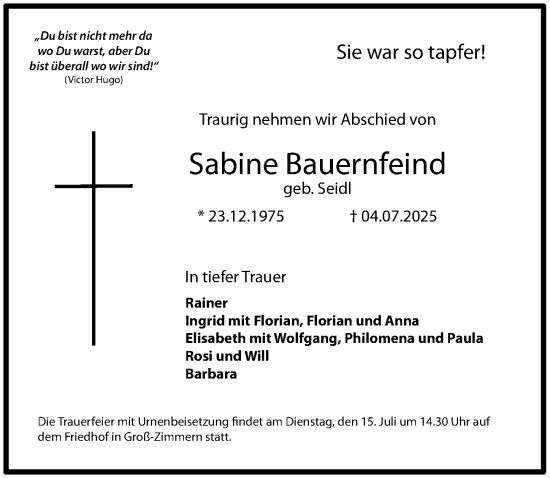 Traueranzeige von Sabine Bauernfeind von Dieburger Anzeiger/Groß-Zimmerner Lokal-Anzeiger