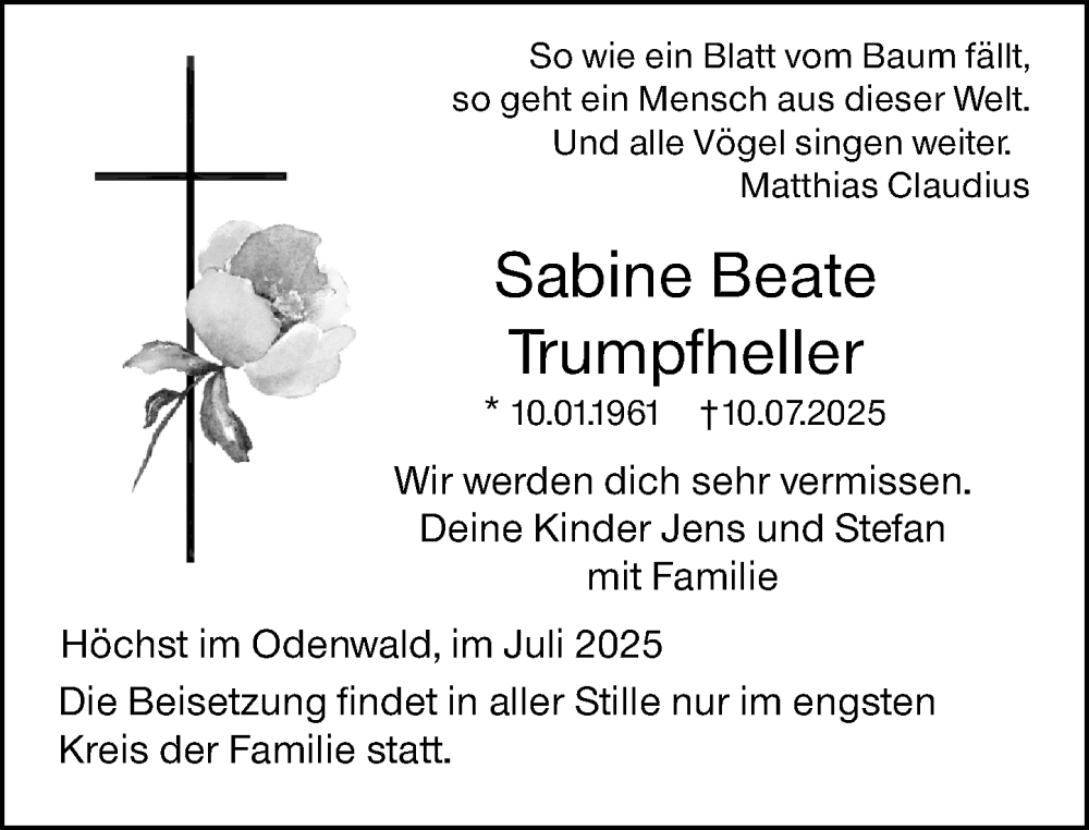  Traueranzeige für Sabine Beate Trumpfheller vom 26.07.2025 aus Odenwälder Echo