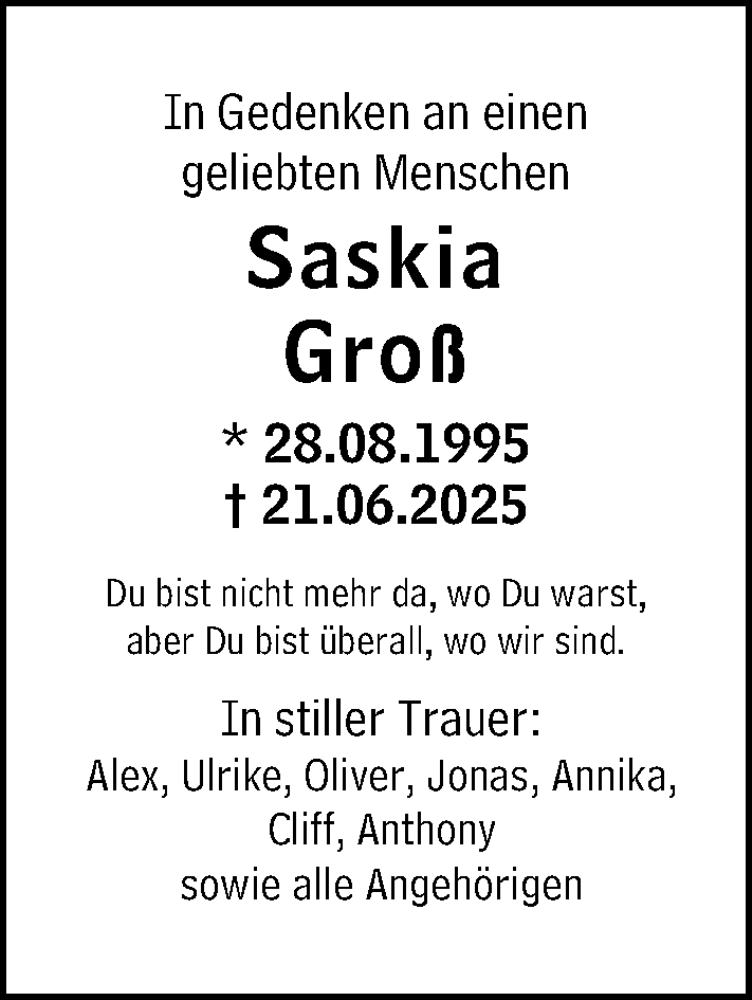  Traueranzeige für Saskia Groß vom 04.07.2025 aus Darmstädter Echo