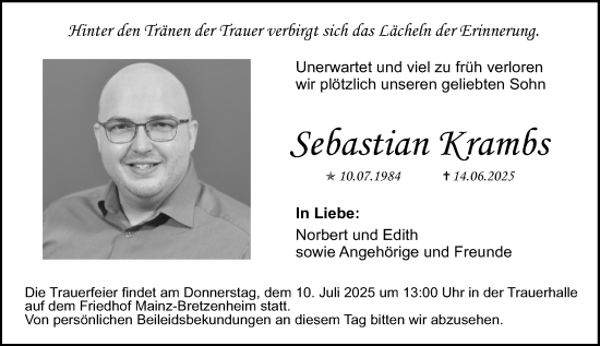 Traueranzeige von Sebastian Krambs von Allgemeine Zeitung Mainz