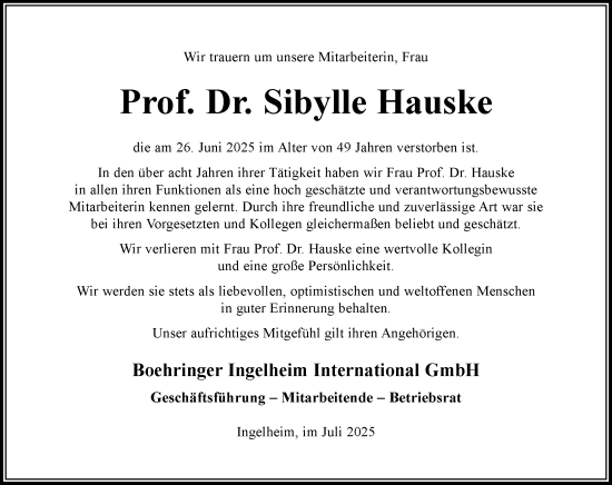 Traueranzeige von Sibylle Hauske von Allgemeine Zeitung Rheinhessen-Nahe