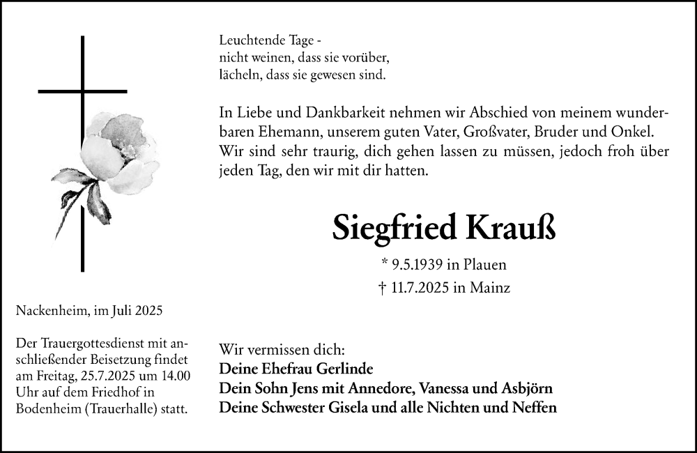  Traueranzeige für Siegfried Krauß vom 19.07.2025 aus Allgemeine Zeitung Mainz