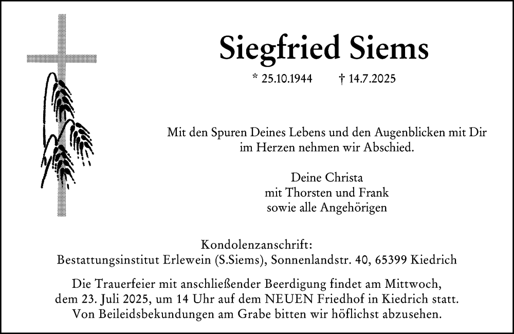  Traueranzeige für Siegfried Siems vom 19.07.2025 aus Wiesbadener Kurier