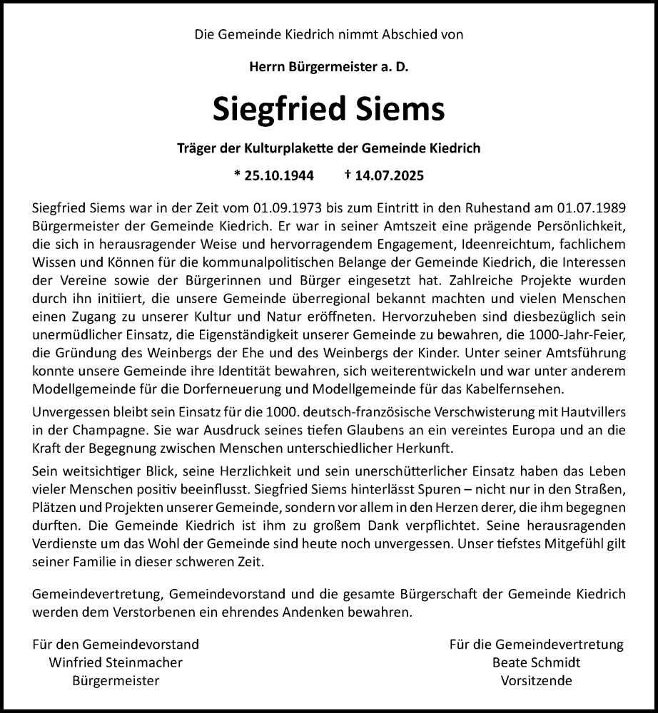  Traueranzeige für Siegfried Siems vom 19.07.2025 aus Rheingau Kurier