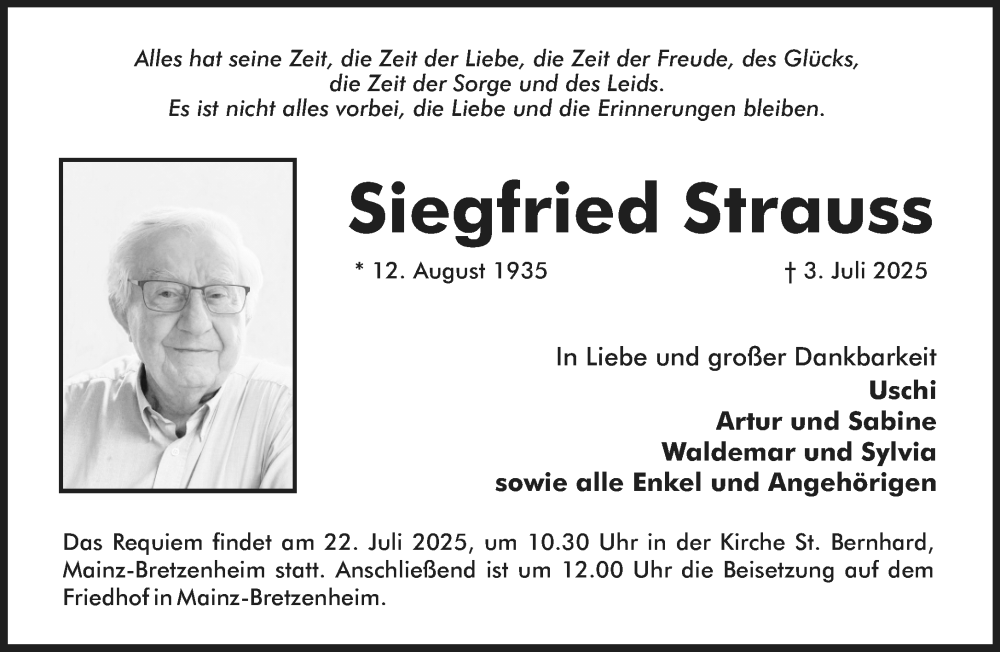  Traueranzeige für Siegfried Strauss vom 12.07.2025 aus Allgemeine Zeitung Mainz