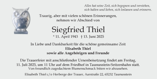Traueranzeige von Siegfried Thiel von Wiesbadener Kurier