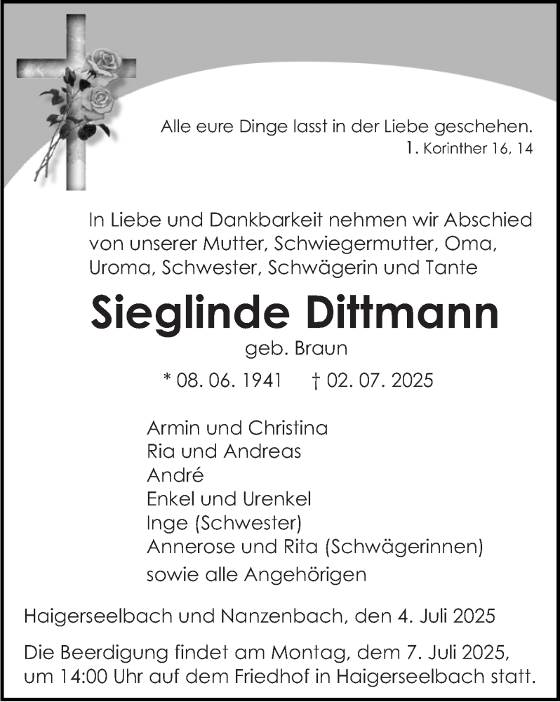  Traueranzeige für Sieglinde Dittmann vom 04.07.2025 aus Dill Block