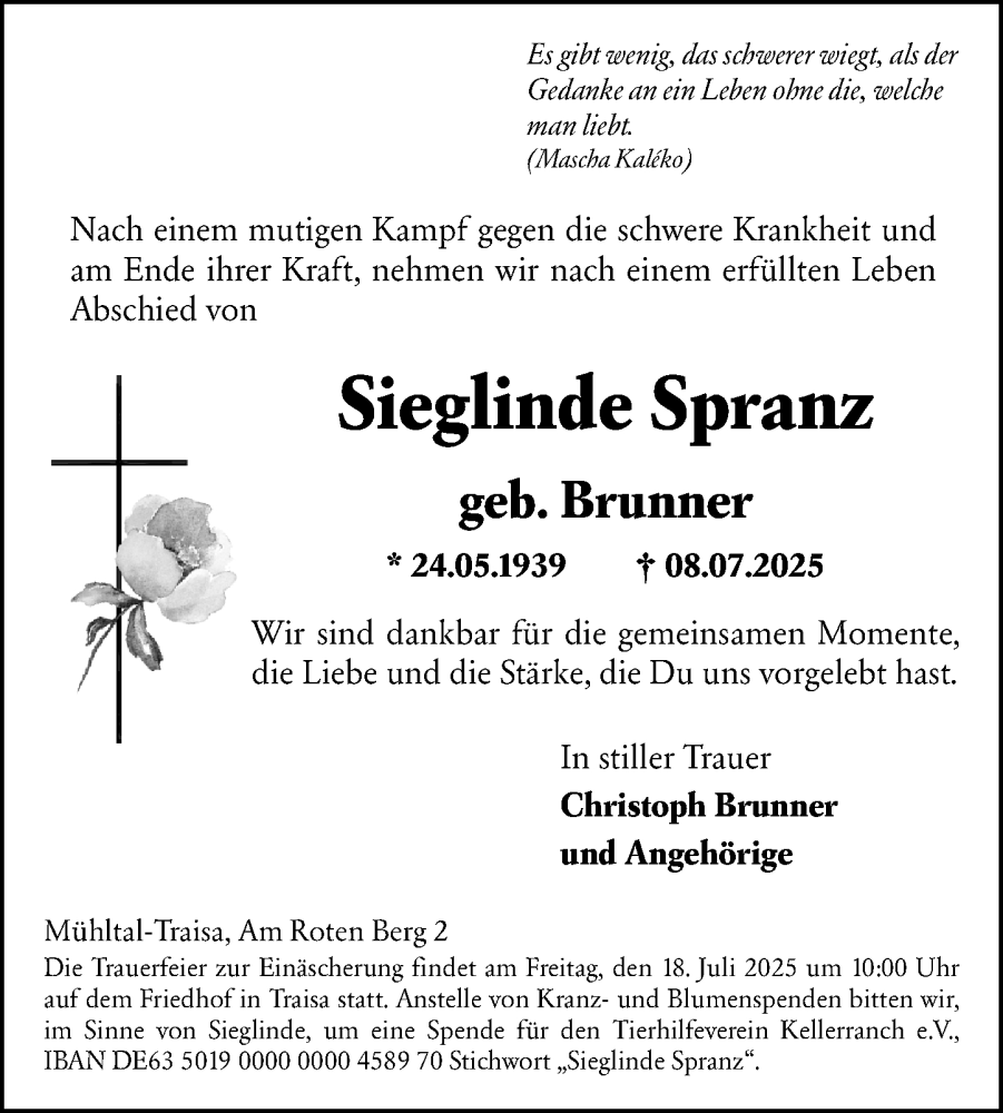  Traueranzeige für Sieglinde Spranz vom 12.07.2025 aus Darmstädter Echo