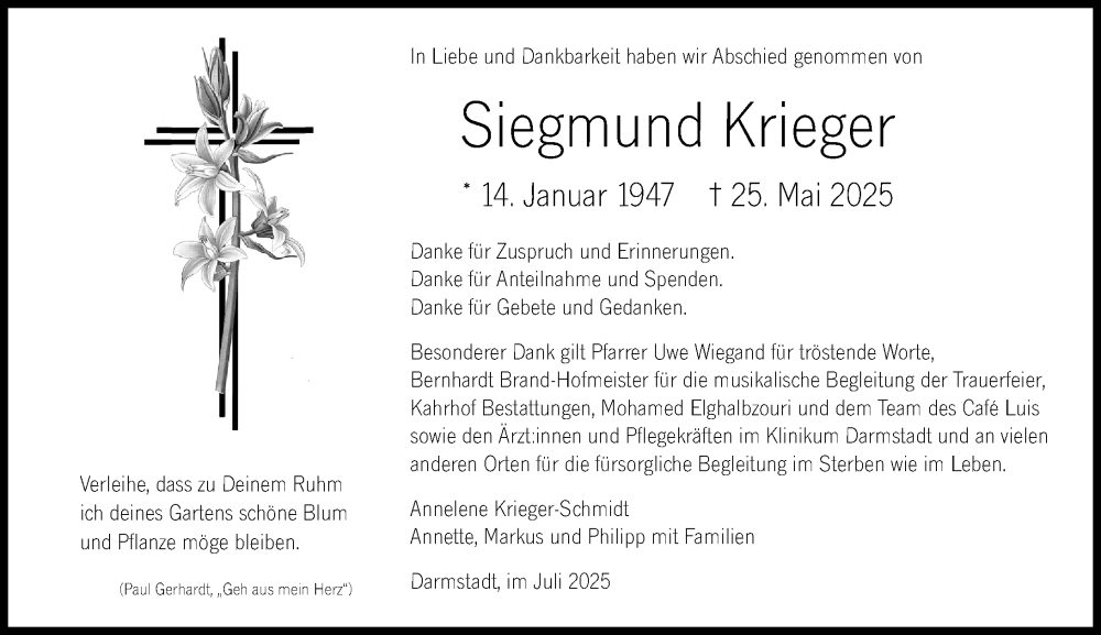  Traueranzeige für Siegmund Krieger vom 26.07.2025 aus Darmstädter Echo