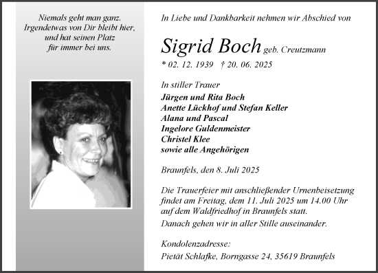 Traueranzeige von Sigrid Boch von Wetzlarer Neue Zeitung