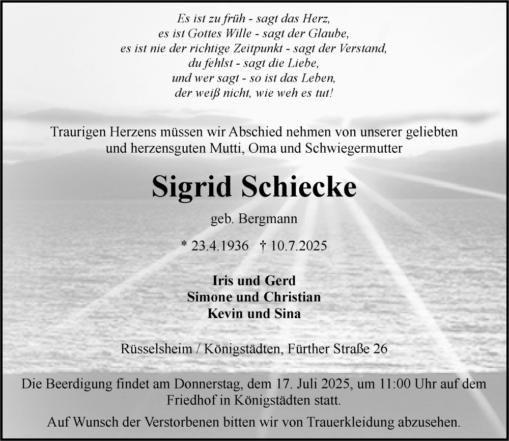 Traueranzeige für Sigrid Schiecke vom 14.07.2025 aus Rüsselsheimer Echo