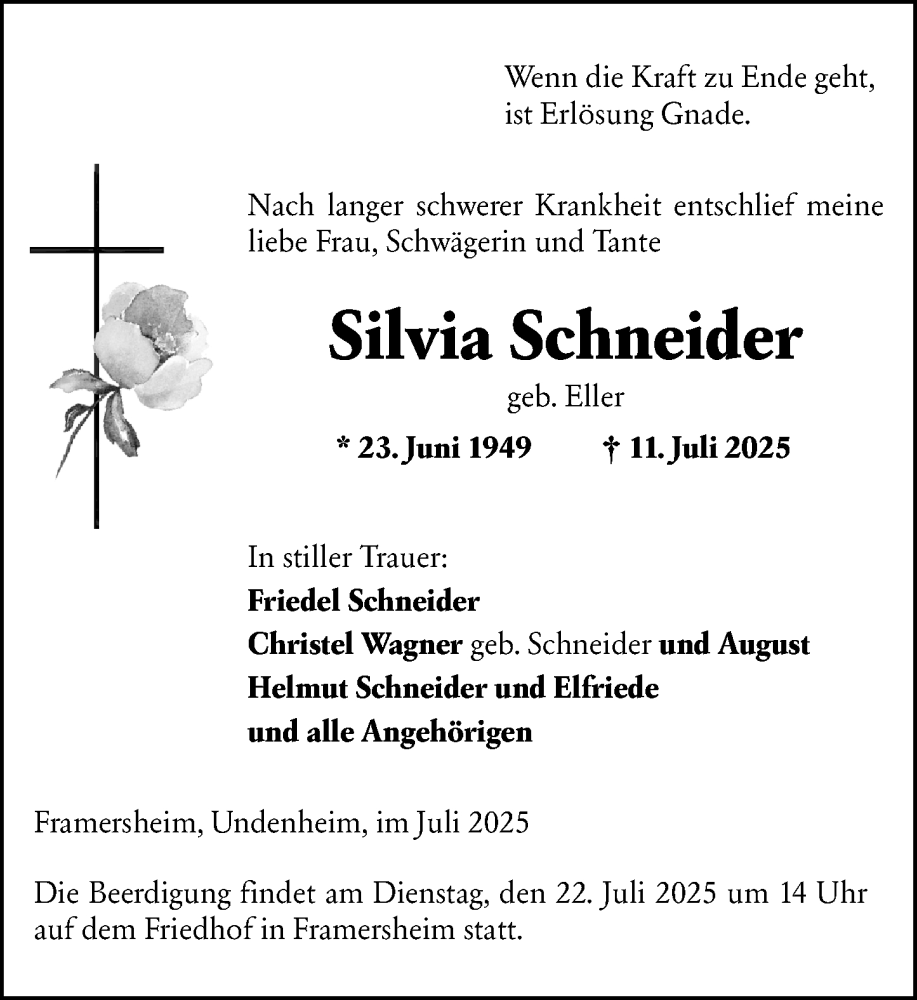 Traueranzeige für Silvia Schneider vom 17.07.2025 aus Allgemeine Zeitung Alzey