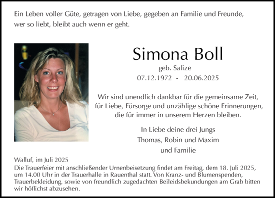 Traueranzeige von Simona Boll von Wiesbadener Kurier