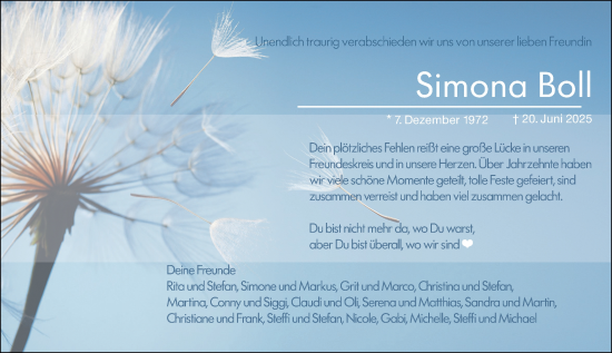 Traueranzeige von Simona Boll von Wiesbadener Kurier