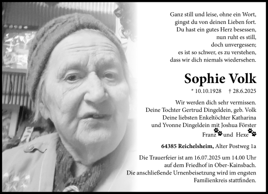 Traueranzeige von Sophie Volk von Odenwälder Echo