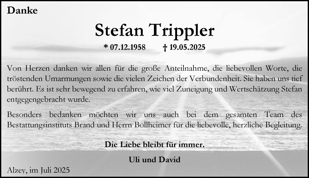  Traueranzeige für Stefan Trippler vom 19.07.2025 aus Allgemeine Zeitung Alzey