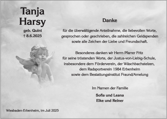 Traueranzeige von Tanja Harsy von Wiesbadener Kurier