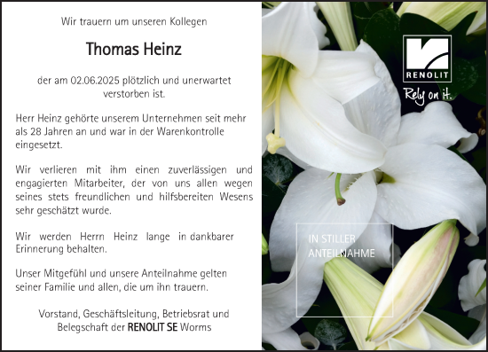 Traueranzeige von Thomas Heinz von Wormser Zeitung