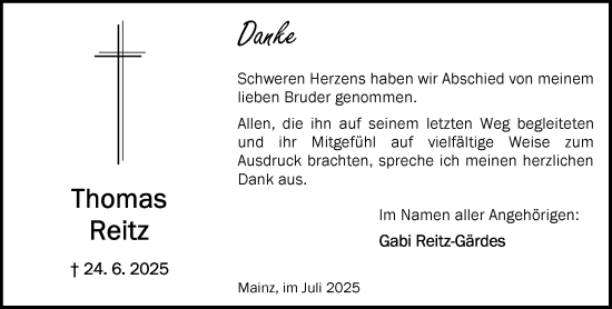 Traueranzeige von Thomas Reitz von Allgemeine Zeitung Mainz