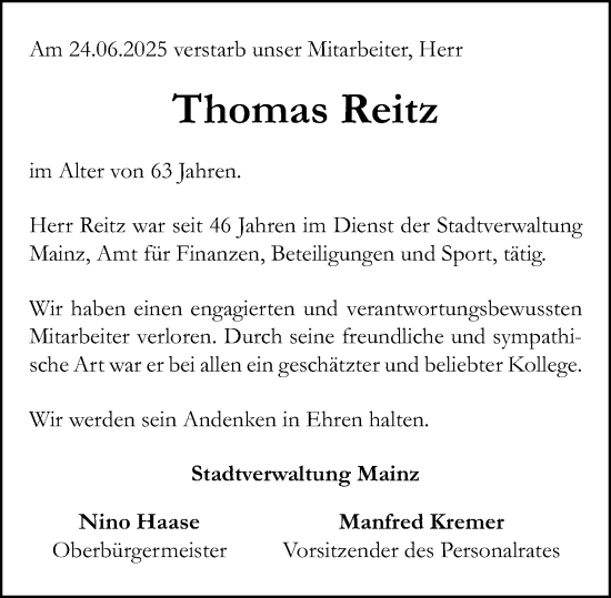 Traueranzeige von Thomas Reitz von Allgemeine Zeitung Mainz