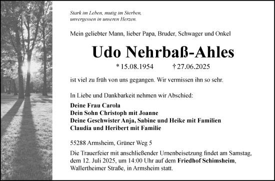 Traueranzeige von Udo Nehrbaß-Ahles von Allgemeine Zeitung Alzey