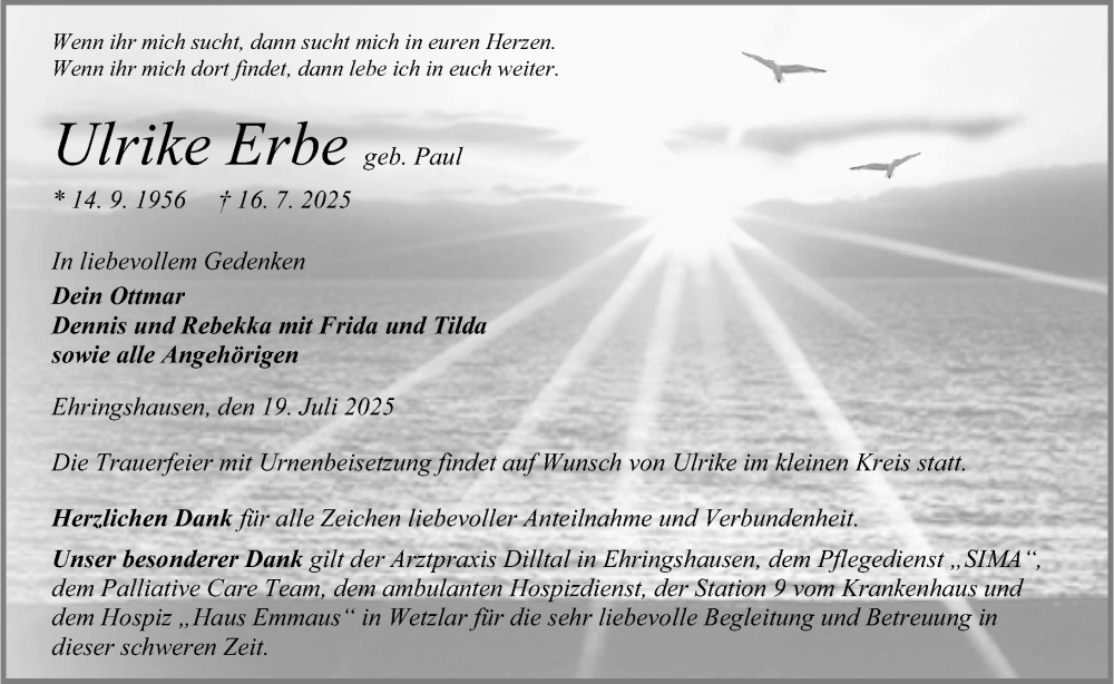  Traueranzeige für Ulrike Erbe vom 19.07.2025 aus Weilburger Tageblatt