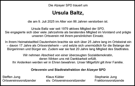 Traueranzeige von Ursula Baltz von Allgemeine Zeitung Alzey