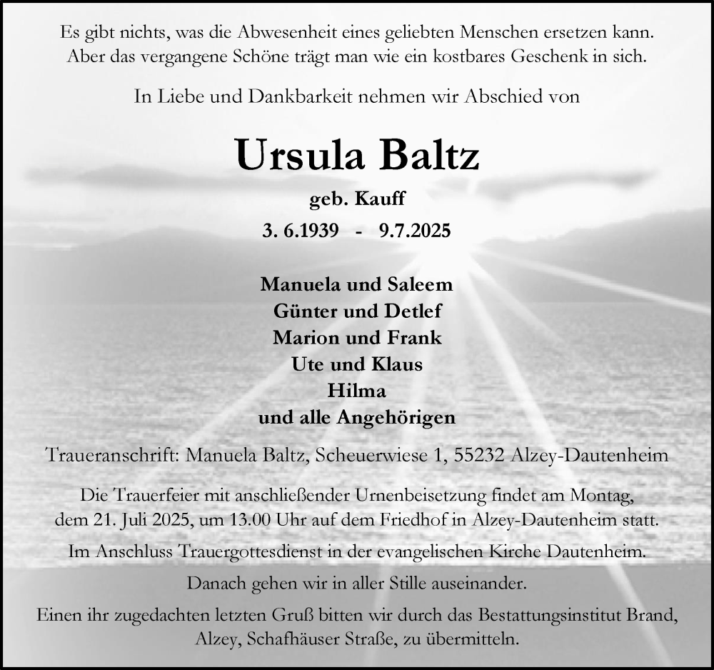  Traueranzeige für Ursula Baltz vom 12.07.2025 aus Allgemeine Zeitung Alzey