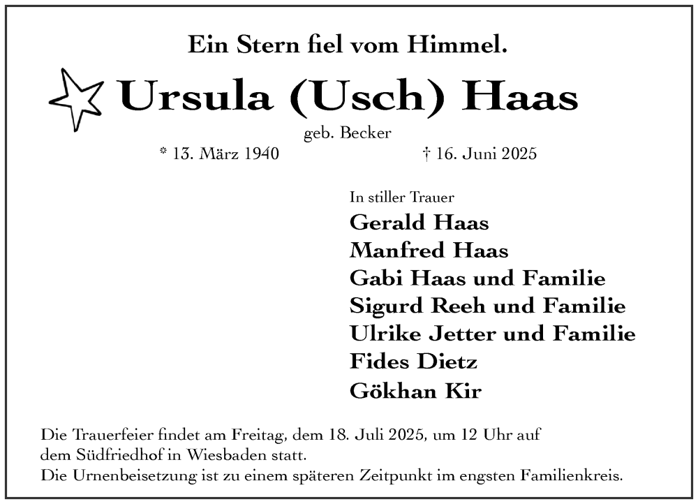  Traueranzeige für Ursula Haas vom 05.07.2025 aus Wiesbadener Kurier