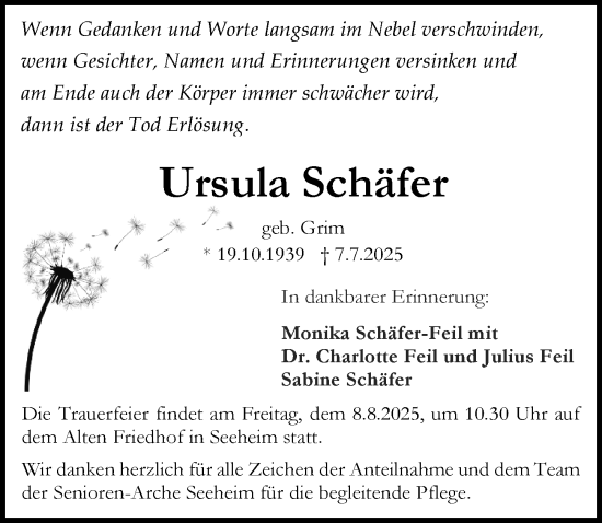 Traueranzeige von Ursula Schäfer von Darmstädter Echo