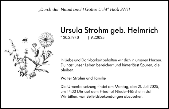 Traueranzeige von Ursula Strohm von Wormser Zeitung