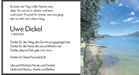 Traueranzeige von Uwe Dickel von Hinterländer Anzeiger