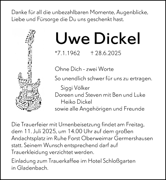 Traueranzeige von Uwe Dickel von Hinterländer Anzeiger