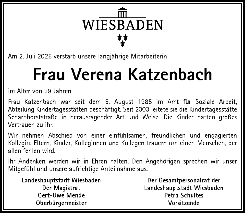  Traueranzeige für Verena Katzenbach vom 12.07.2025 aus Wiesbadener Kurier