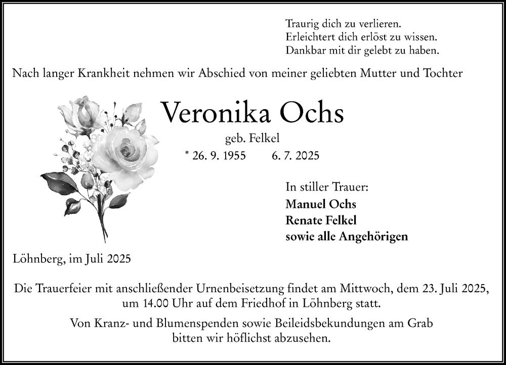  Traueranzeige für Veronika Ochs vom 19.07.2025 aus Weilburger Tageblatt