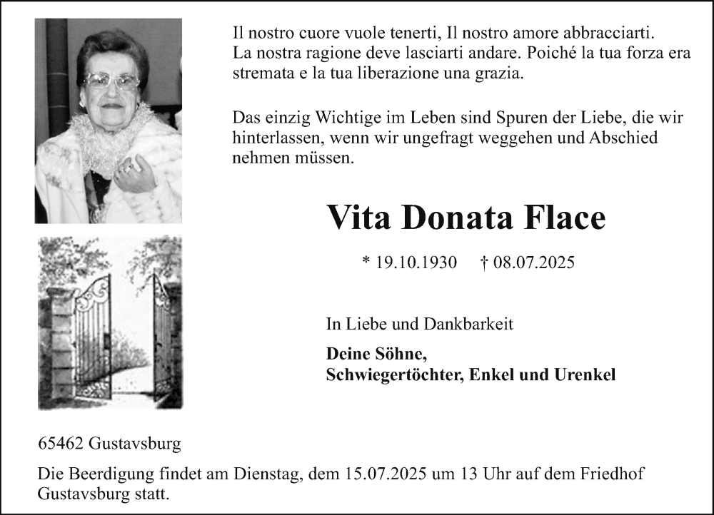  Traueranzeige für Vita Donata Flace vom 12.07.2025 aus Allgemeine Zeitung Mainz